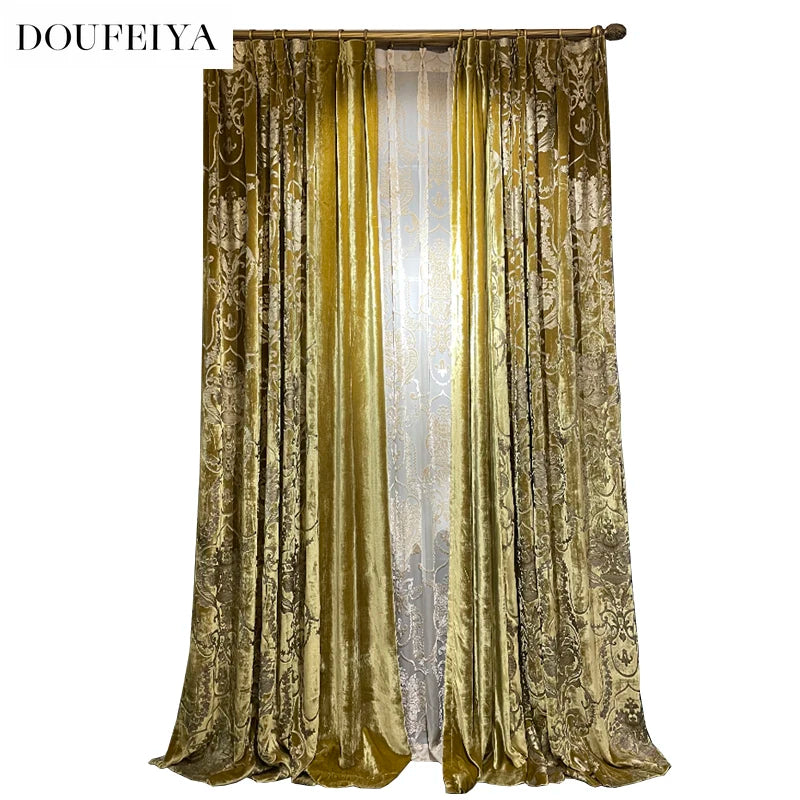 Silk Velvet Foil Stamping Luxury Gold Blackout Curtains for Living Room Bedroom Dining Nature Vertically Custom Size White Tulle
