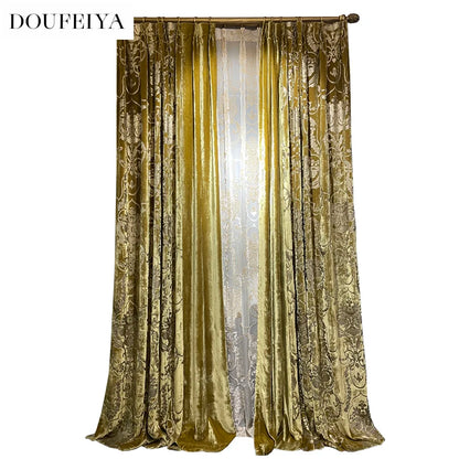 Silk Velvet Foil Stamping Luxury Gold Blackout Curtains for Living Room Bedroom Dining Nature Vertically Custom Size White Tulle