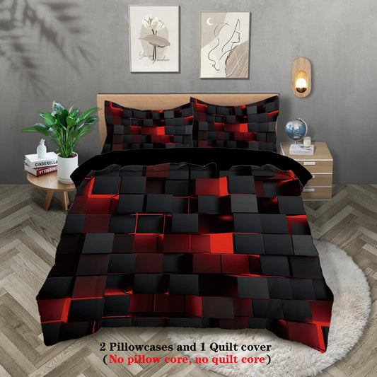 3pcs Red transparent grid visual effects bedding set, suitable for teenagers and adult bedroom,1*duvet cover+2*pillowcase