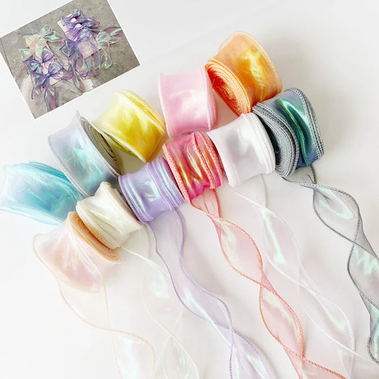 Rainbow Fishtail Yarn Ribbons Wave Edge Organza Lace DIY Bouquet Packaging Bow Material Wedding Decorations Sewing Fabric Decor