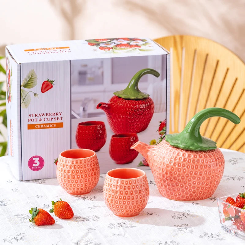 European Red Strawberry Teapot Set Ceramic Breakfast Milk Mug Exquisite Afternoon Tea Set Kettle with Gift Box Birthday Gifts