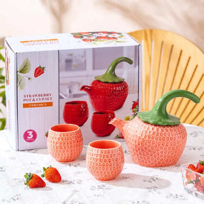 European Red Strawberry Teapot Set Ceramic Breakfast Milk Mug Exquisite Afternoon Tea Set Kettle with Gift Box Birthday Gifts