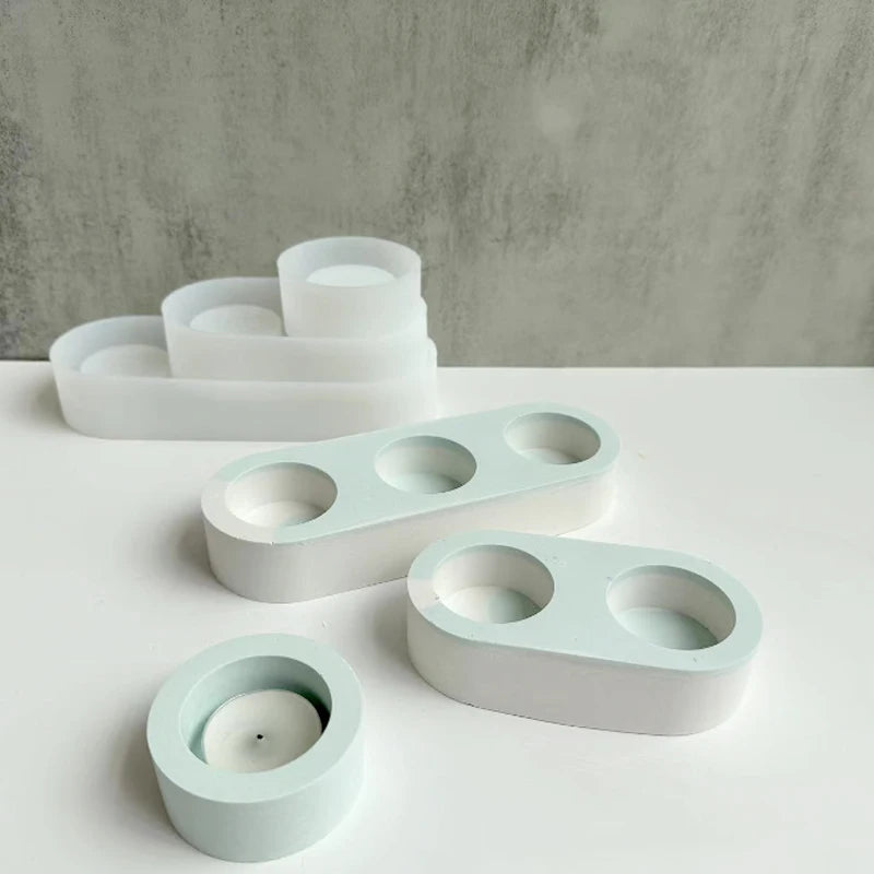 3 Holes Candlesticks Cement Silicone Mold DIY Cement Plaster Round Candle Holder Tray Pottery Mould Home Decor Candle Jar Making