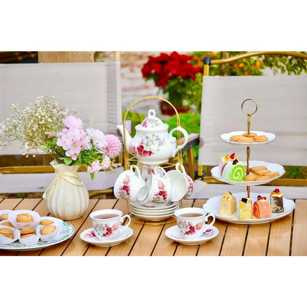 20-piece Bone China Tea Set, Gold Coffee Set, Gold Metal Rack, Home and Party Tea Gift Set (010)