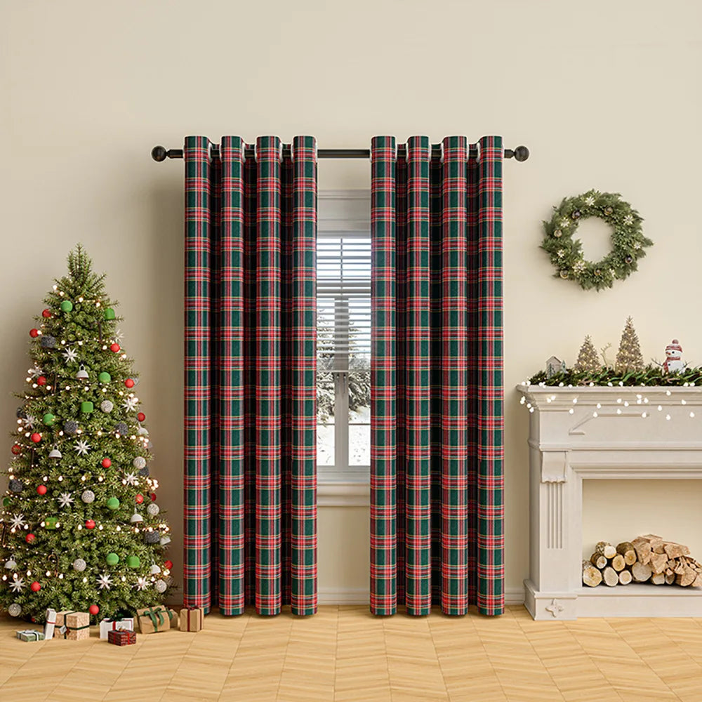 Classic Christmas Plaid Pom Pom Curtains Semi-Blackout for Balcony/Bay Window American Style Decor