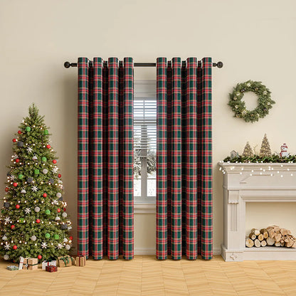 Classic Christmas Plaid Pom Pom Curtains Semi-Blackout for Balcony/Bay Window American Style Decor