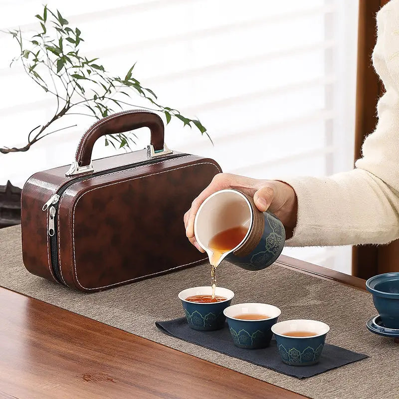 Travel tea set, portable Kung Fu tea set, ceramic teapot, tea can, tea cup, outdoor quick cup, tea can, leather bag packaging