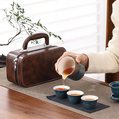 Travel tea set, portable Kung Fu tea set, ceramic teapot, tea can, tea cup, outdoor quick cup, tea can, leather bag packaging