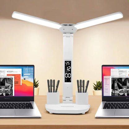 LED Clock Table Lamp USB Chargeable Touch Desk Lights 2 Heads 180 Rotate Foldable Eye Protection Desktop Reading Night Lights