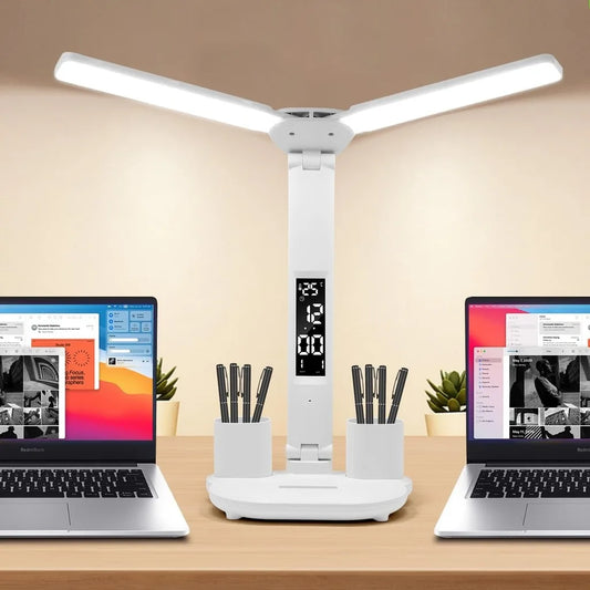 LED Clock Table Lamp USB Chargeable Touch Desk Lights 2 Heads 180 Rotate Foldable Eye Protection Desktop Reading Night Lights