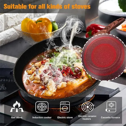 12.5" Non-stick Wok Frying Pan Cooking Gas Stove Induction Skillet Cookware Durable Maifan Stone Home Steak Pancake Saucepan