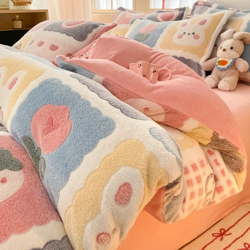White Plant Flower Milk Velvet Duvet Cover Green Reversible Soft Skin-friendly Comforter Cover Adult Kid Bedroom Winter Bedding