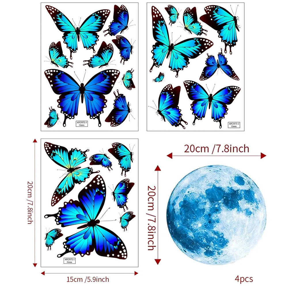 4Pcs/Set Moon & Butterfly Glow In The Dark Wall Sticker Bedroom Home Wall Decoration