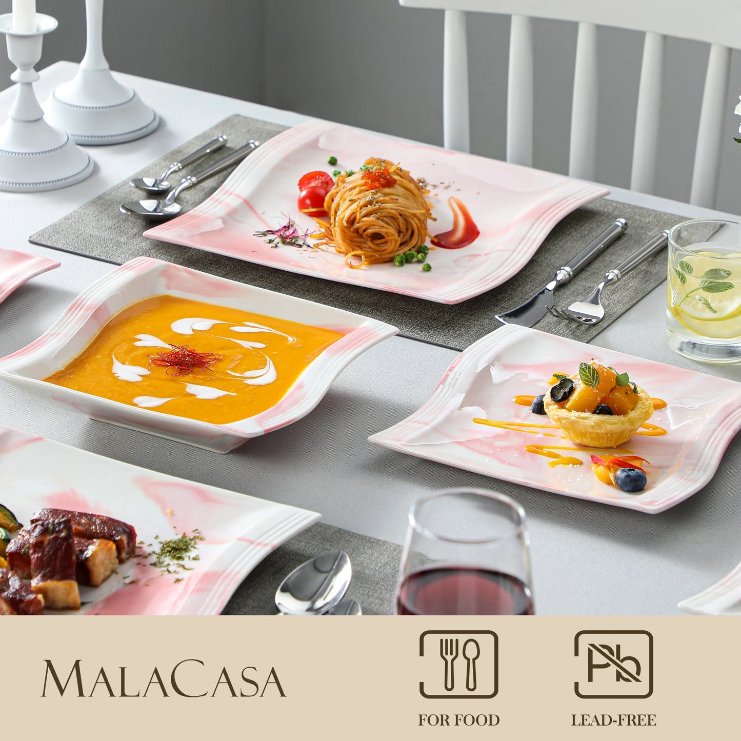 Malacasa Flora 30-Stéck Marmer PINKAMMAIIN SIDWARE SETT MAT 6 * Owes, Dessert, Zopp, Tauppen, Coupë a Sazer figuréieren