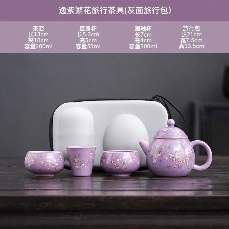 1 Pot 3 Cups Tea Set Purple Ru Kiln Outdoor Portable Travel Tea Set, Ceramic Quick Guest Cup