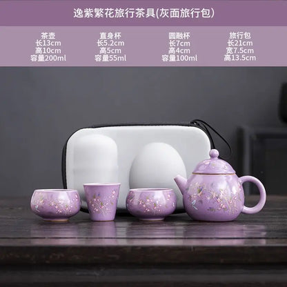 1 Pot 3 Cups Tea Set Purple Ru Kiln Outdoor Portable Travel Tea Set, Ceramic Quick Guest Cup