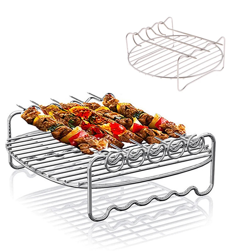 Stainless Steel Grill Baking Pan Skewers Air Fryer Holder Grill Double Barbecue Baking Pan Replacement BBQ Kitchen Tools