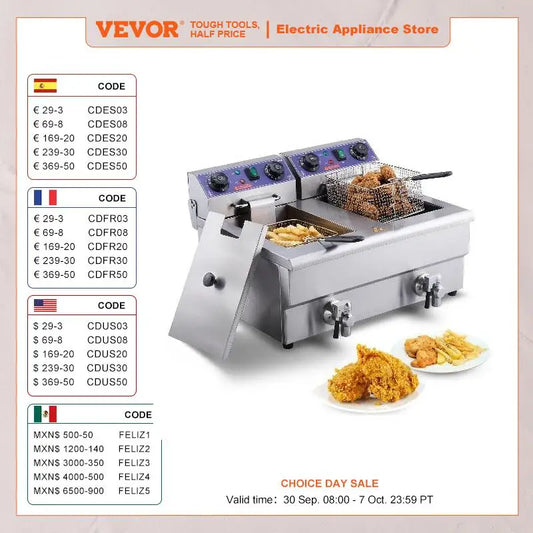 VEVOR COMMERCIAL ELEKTRISK DREM FRIDE M/DUAL TANKS 12L 3000W Rustfrit stål Bordplade Fryer til stegt kylling pommes frites