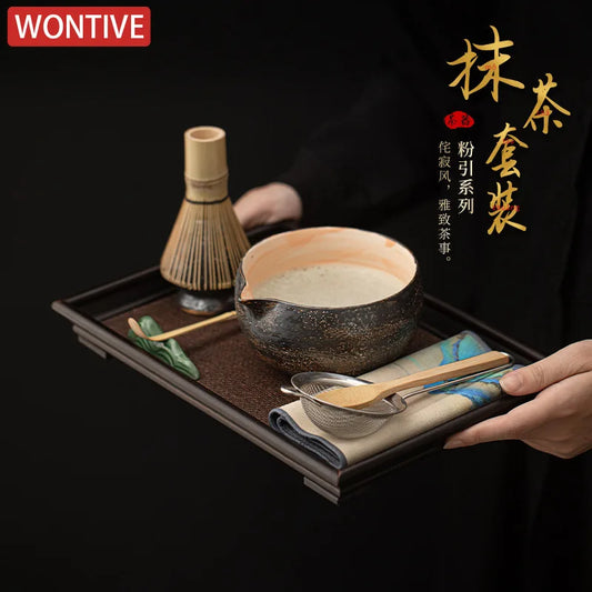 Vintage Japanese Power Yin Matcha Set Bamboo Whisk Teaspoon Ceramic Bowl Tranditional Tea Sets Home Tea-making Tools Accessories