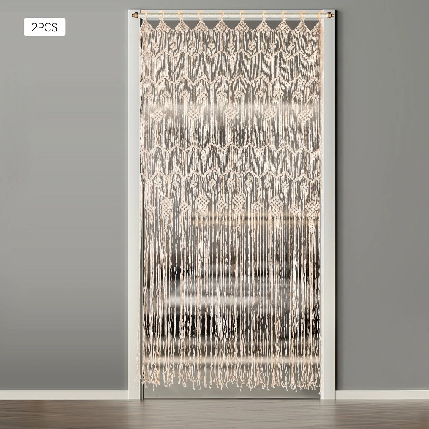 Handwoven Macrame Curtain Set of 2 Boho Room Divider Light Filtering Window Drapes with Wood Rings 39x79 Inch for Home Wedding