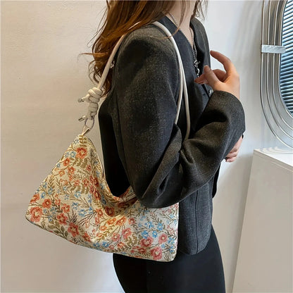 1PC Vintage Print Underarm Bag Large Capacity Fashion Women's Simple Multi-functional Canvas Shoulder Bag Casual Baguette Bag