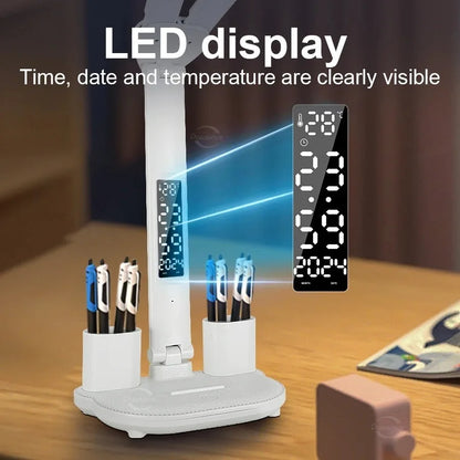 LED Clock Table Lamp USB Chargeable Touch Desk Lights 2 Heads 180 Rotate Foldable Eye Protection Desktop Reading Night Lights