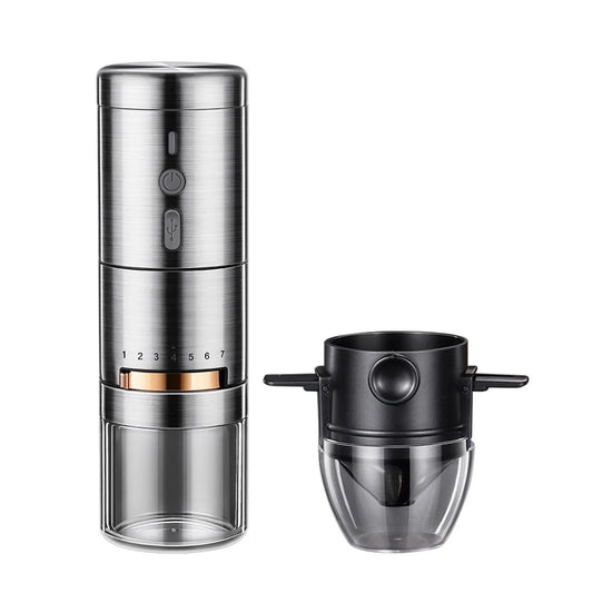 LFGB -certifikat 304 Portable Steel Portable laddningsbara Silent 7 -växlar Justerbart Office Coffee Bean Grinder med Filter Cup