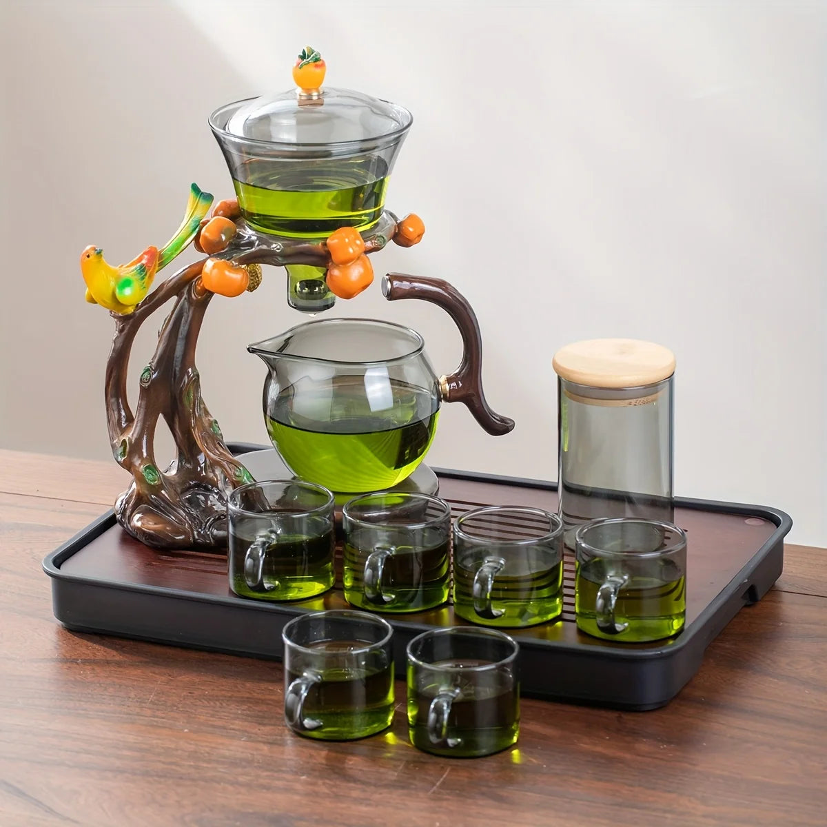 Eco-Inspired Faux Wood Glass Teapot - Magnetic One-Touch Infuser | Nature Decor, Spill-Proof, Ceremonial Tea Set