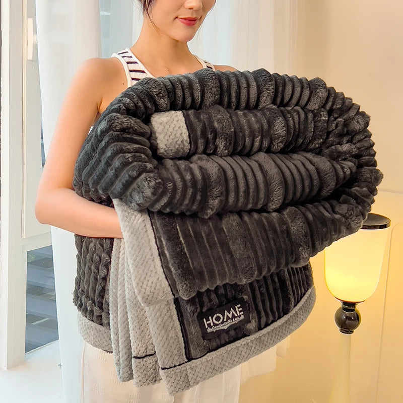 Imitation Rabbit Plush Striped Autumn Winter Warm Blankets Soft Fluffy Warmth Sofa Blankets for Throw Napping shawl blanket leg