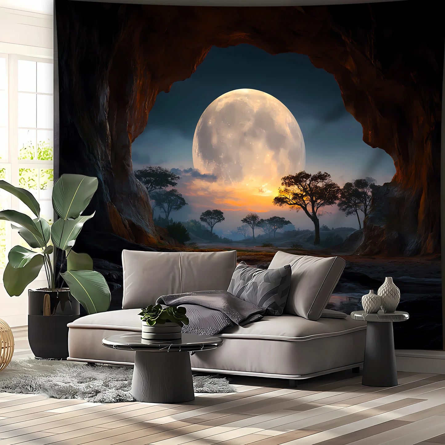 1 piece Tranquil Cave Forest Moon Scenery Tapestry - Polyester fabric, machine washable, suitable for living room, bedroom