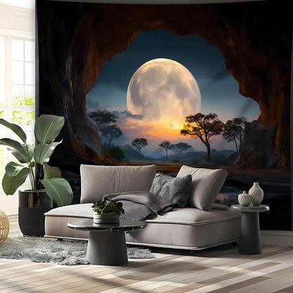 1 piece Tranquil Cave Forest Moon Scenery Tapestry - Polyester fabric, machine washable, suitable for living room, bedroom