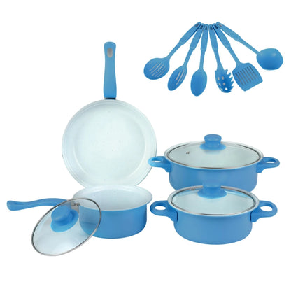 12Pcs Non Stick Cookware Set Cooking Pot with Lid Deep Frying Pan Milk Pot Maifan Stone Frying Pan for All Types of Cooker