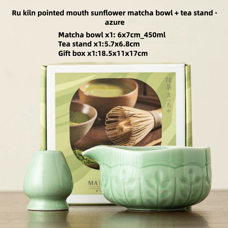 2 Pcs Matcha Set Matcha Whisk Set with Carved Ceramic Matcha Bowl & Carved Matcha Whisk Stand Japanese Tea Ceremony Gift Box
