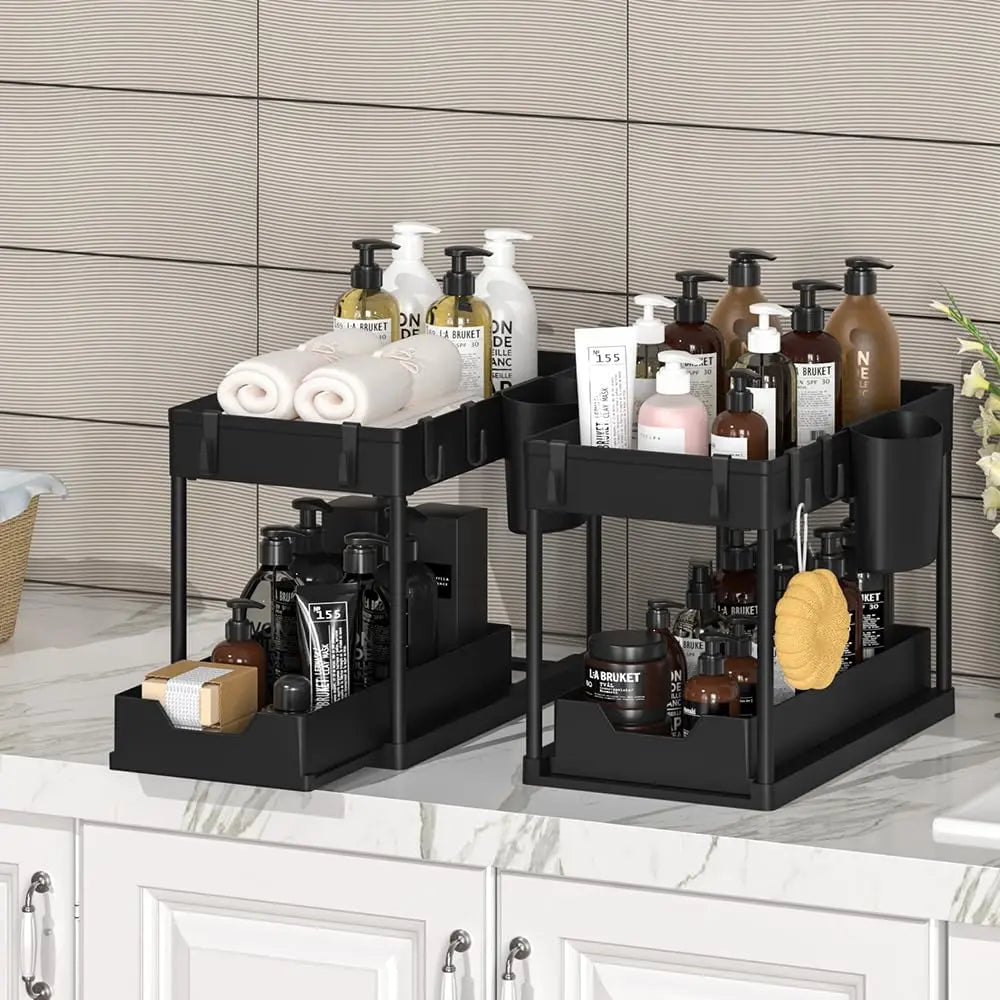 Ënner sink organisatoresche Rack 2 Tier ënner Schief Cabinet Makket Occasioun mat 4 Haken, Späicherhändler fir Buedzëmmer