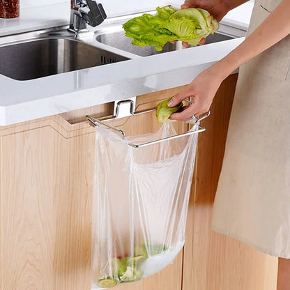 Stainless Steel Trash Bag Holder Garbage Storage Holder Kitchen Trash Rack Cabinets Door Grocery Bags Organizer Towel Hanging