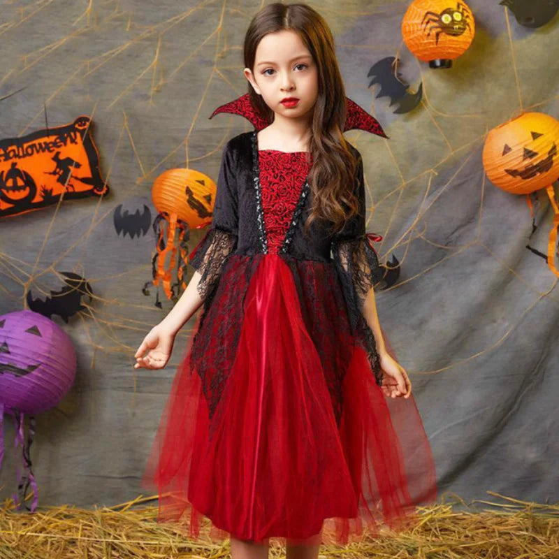 2024 Girls Cosplay Vampire Halloween Dress for Kids Ghost Bride Gothic Costume Count Vampiran Carnival Outfit Black Red Clothes