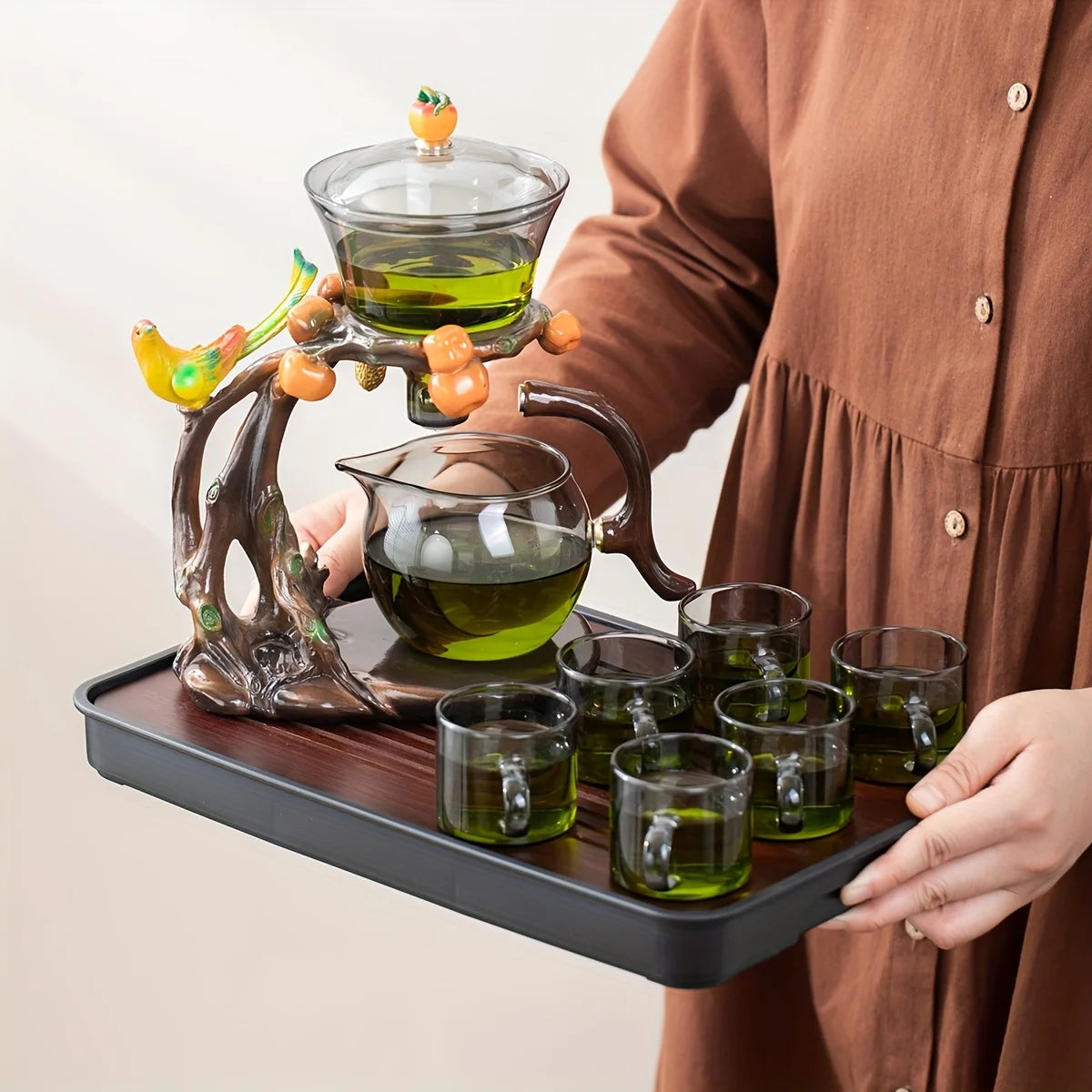 Eco-Inspired Faux Wood Glass Teapot - Magnetic One-Touch Infuser | Nature Decor, Spill-Proof, Ceremonial Tea Set