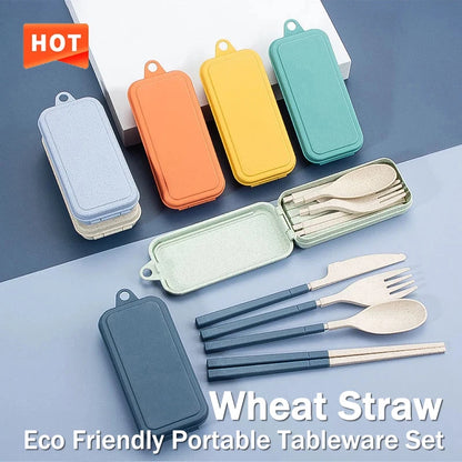 4PCS Portable Worse Sett Wheat Straw Servineware Deavtakbar bestikk Travel Tilleggspiknik Servise Sett Camping bestikkhetssett