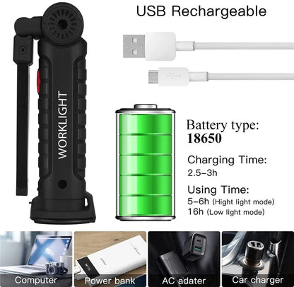 USB Rechargeable Camping LED Flashlight Work Light with Magnet and Hook IP64 Waterproof 5 Lighting Modes Suitable for Night Work