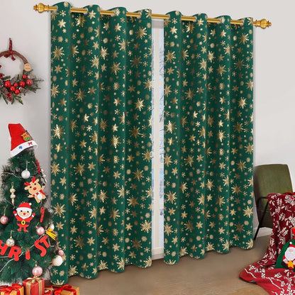 Blackout Christmas Curtains, suitable for living rooms and bedrooms, with gold snowflake foil print.