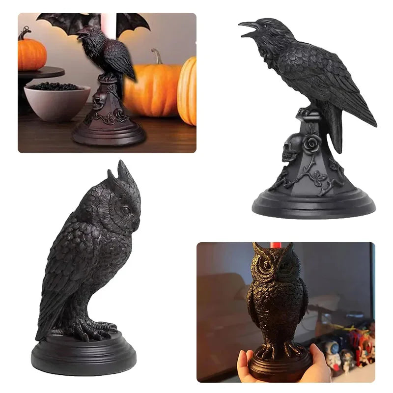 Gothic Crow Candle Holder Retro Black Owl Candlestick Resin Sculpture Craft Halloween Statue Fun Atmosphere Home Decoration