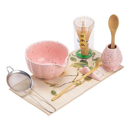 Ink Dot Romantic Pink Purple 8pcs Matcha Kits Tea Set Ceramic Bowl Glass Cup Bamboo Whisk Stand Chasen Matcha Tea Gift Box Home