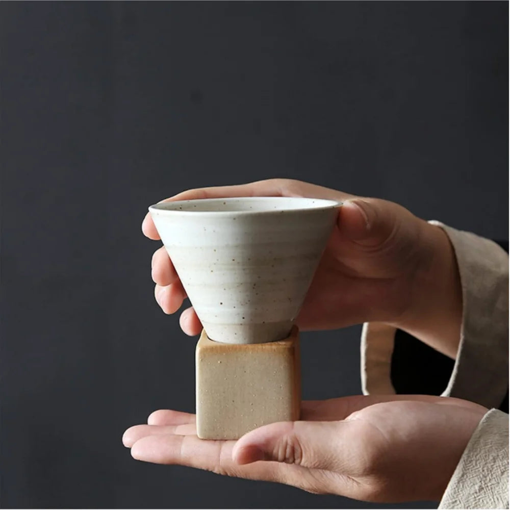 100ml Coarse Pottery Coffee Mugs, Japanese Style Ceramic Tea Cups Triangular Cone Shape Porcelain Retro Mug with Square Base