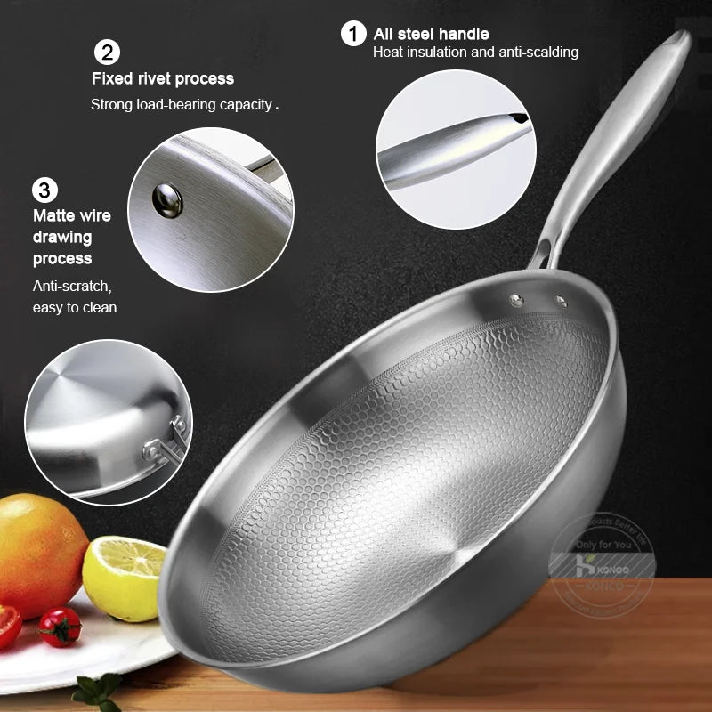 Konco 28/30cm Frying Pan 304 Oțel inoxidabil woks antiaderent oală de prăjitură de gătit Wok Flat Frying Pan Induction Gazdă de gaz