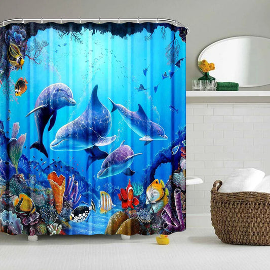 Dolfijn douchegordijn blauw onderwater wereld merenleven polyester stof kids oceaan thema badkamer decor set met 12 haken