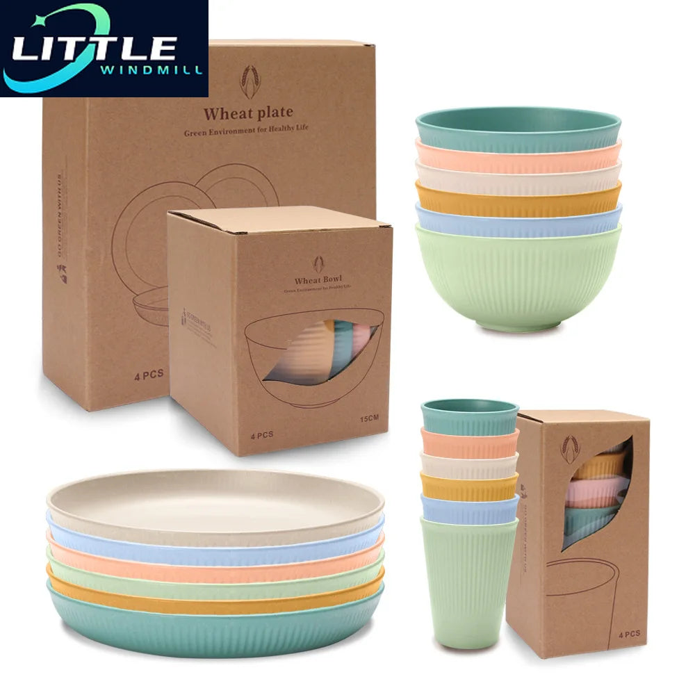 6pcs Wheatgrass Candy Color Tely Set, Bowl, Cup, Dish Set, Fruitsalade Verticaal patroon, picknick, camping -serviesset