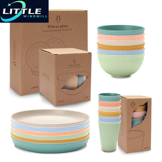 6PCS Wheatgrass Candy Color Tableware Set, Bowl, Cup, Dish Set, Fruit Salad Vertical Pattern, Picnic, Camping Tableware Set