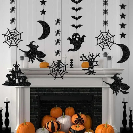 6pcs Halloween Bannière suspendue Garland Spary Spary Witch Ghost Bat Pendant Ornement Happy Halloween Party décorations pour la maison