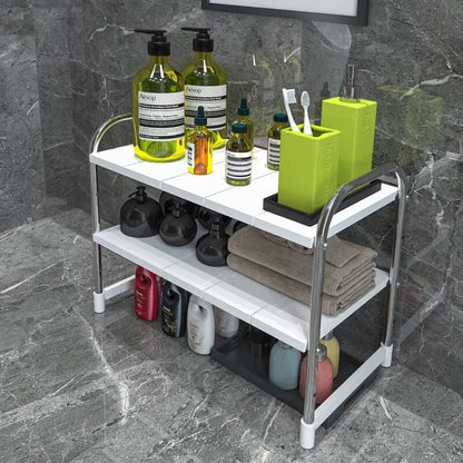 Versatile and Space-Saving Kitchen Sink Storage Rack - Retractable Shelf for Floor-to-Ceiling Cabinet, Pot Rack Included