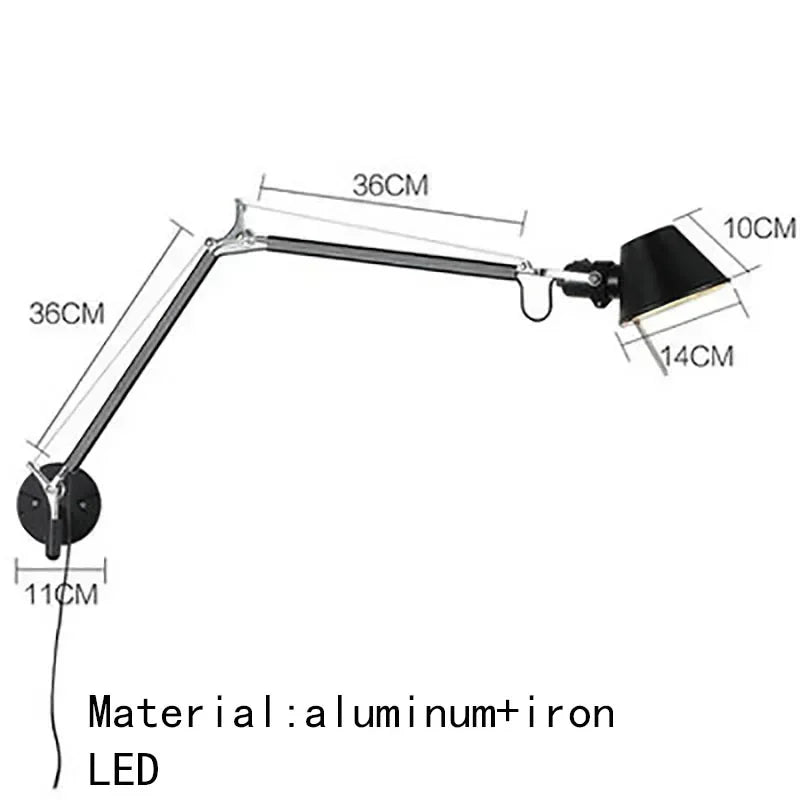 Italian Long Arm LED Wall Lamp Silver Black Metal Bedroom Study Reading Lights E27 Switch Rotatable Adjustable Lighting Decor
